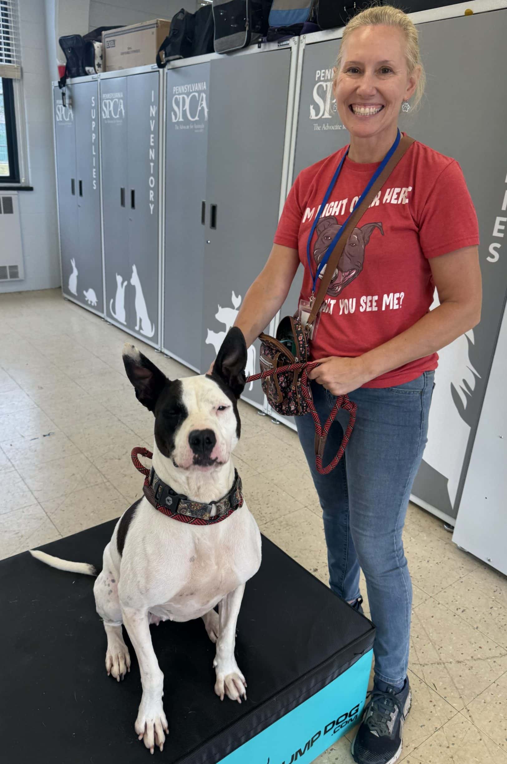 Smiling blonde staff member in PSPCA t-shirt posing with a white and black pit bull on a mat by shelter kennels
